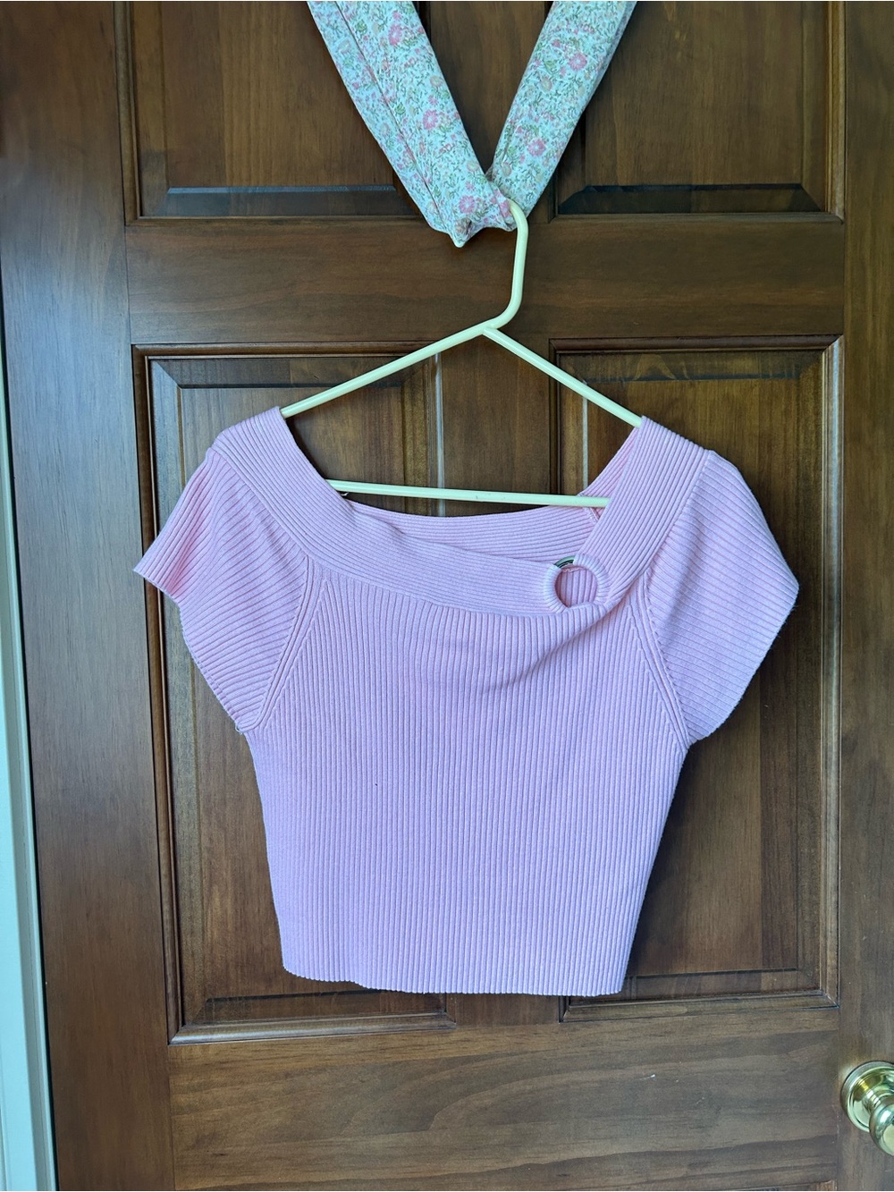 MKM Designs Soft Pink Ribbed Off-Shoulder Crop Top with Metal Ring